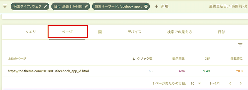 サーチコンソールで「ページ」のタグをクリック