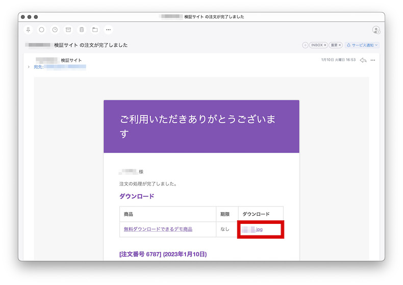 購入後に配信されるメールのダウンロードリンク